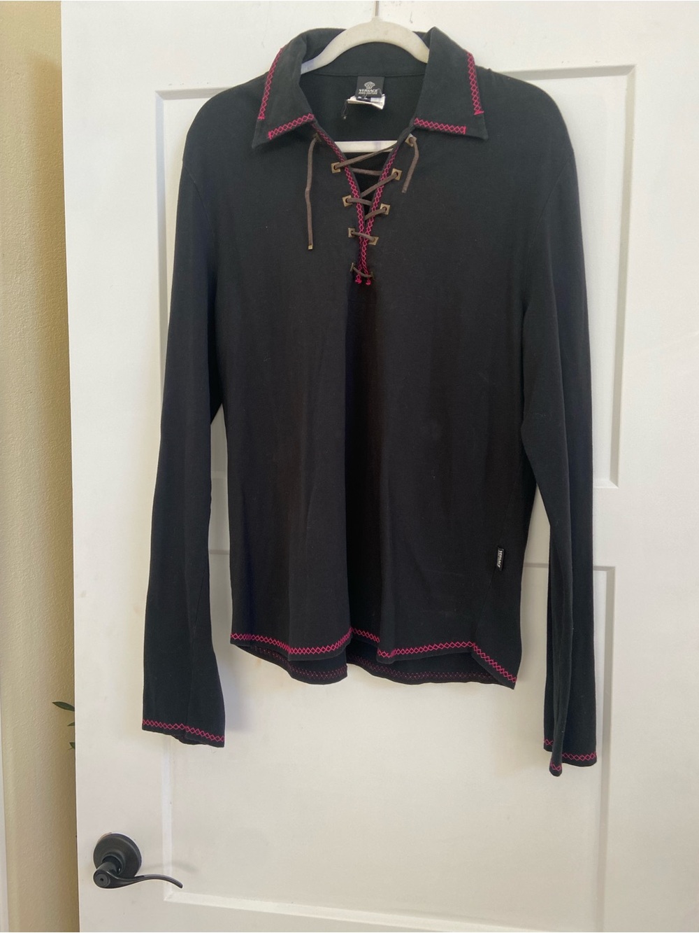 Versace Jeans vintage Collection Black Long Sleeve Lace-Up Top with Pink Trim